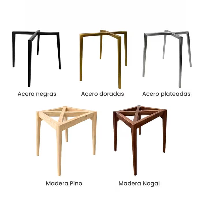 Acabados de base para sillas de restaurante: acero negras, doradas, plateadas y madera pino o nogal